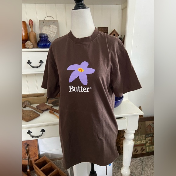 Butter Tops - Butter Brown Short Sleeve Tee with Purple Flower Graphic